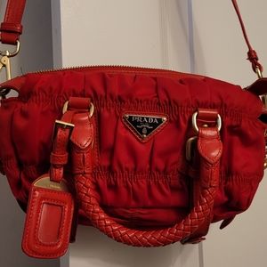 PRADA guafre satchel red nylon and leather shoulder bag